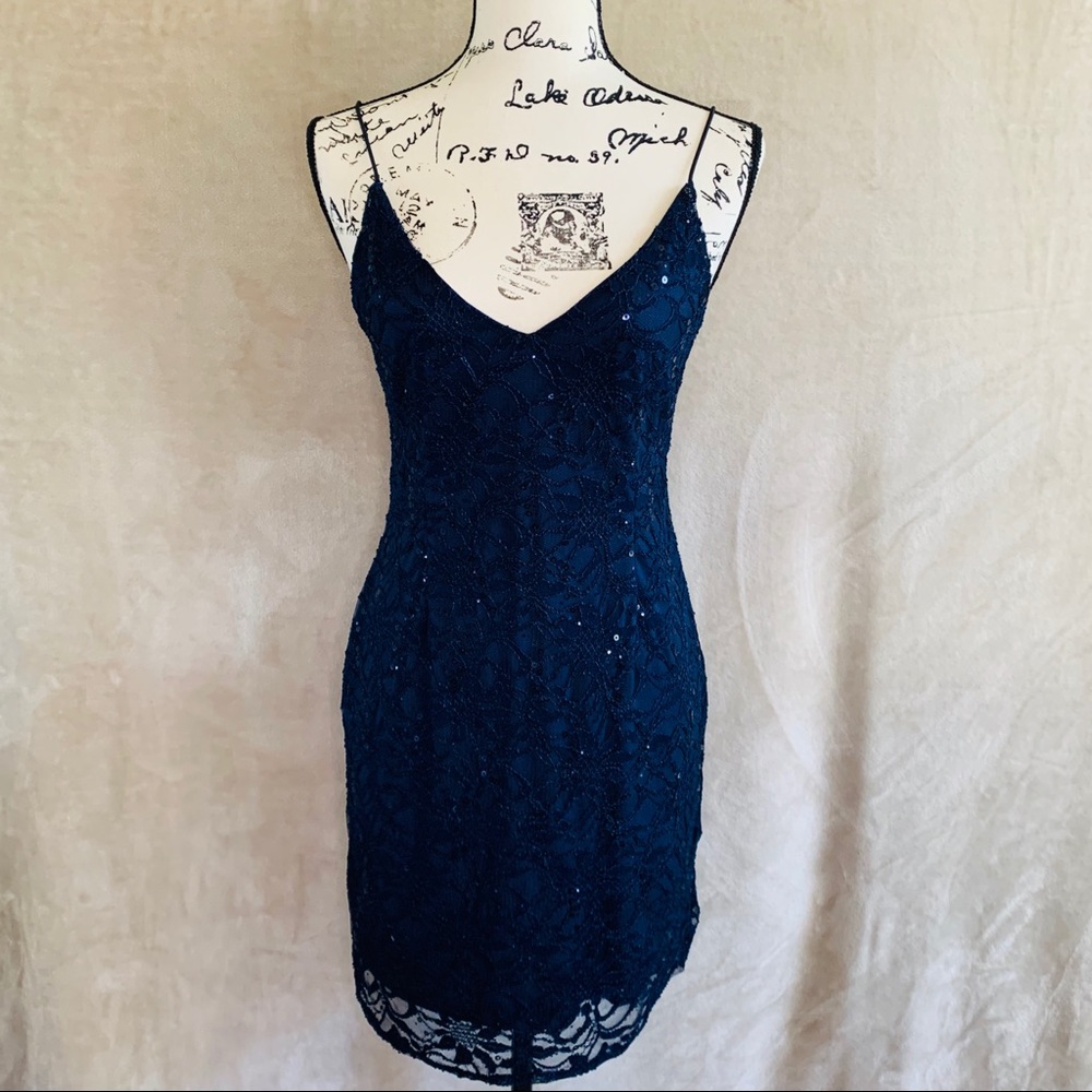 LOVE...ADY Navy Sequin Mini Cocktail Dress Vneck M